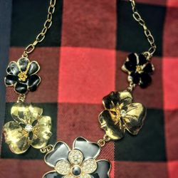 Hawaiian Gold Tone Rhinestone Floral Collar Bib Statement Necklace Flowers