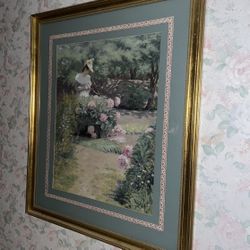 60”x40” gorgeous gold framed green & pink Victorian girl picking flowers 
