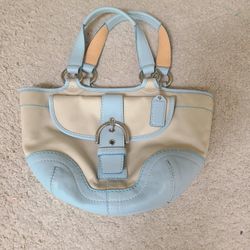 Vintage Y2k COACH 1882 Soho Twill Leather Trim Light Blue & Cream Satchel Tote