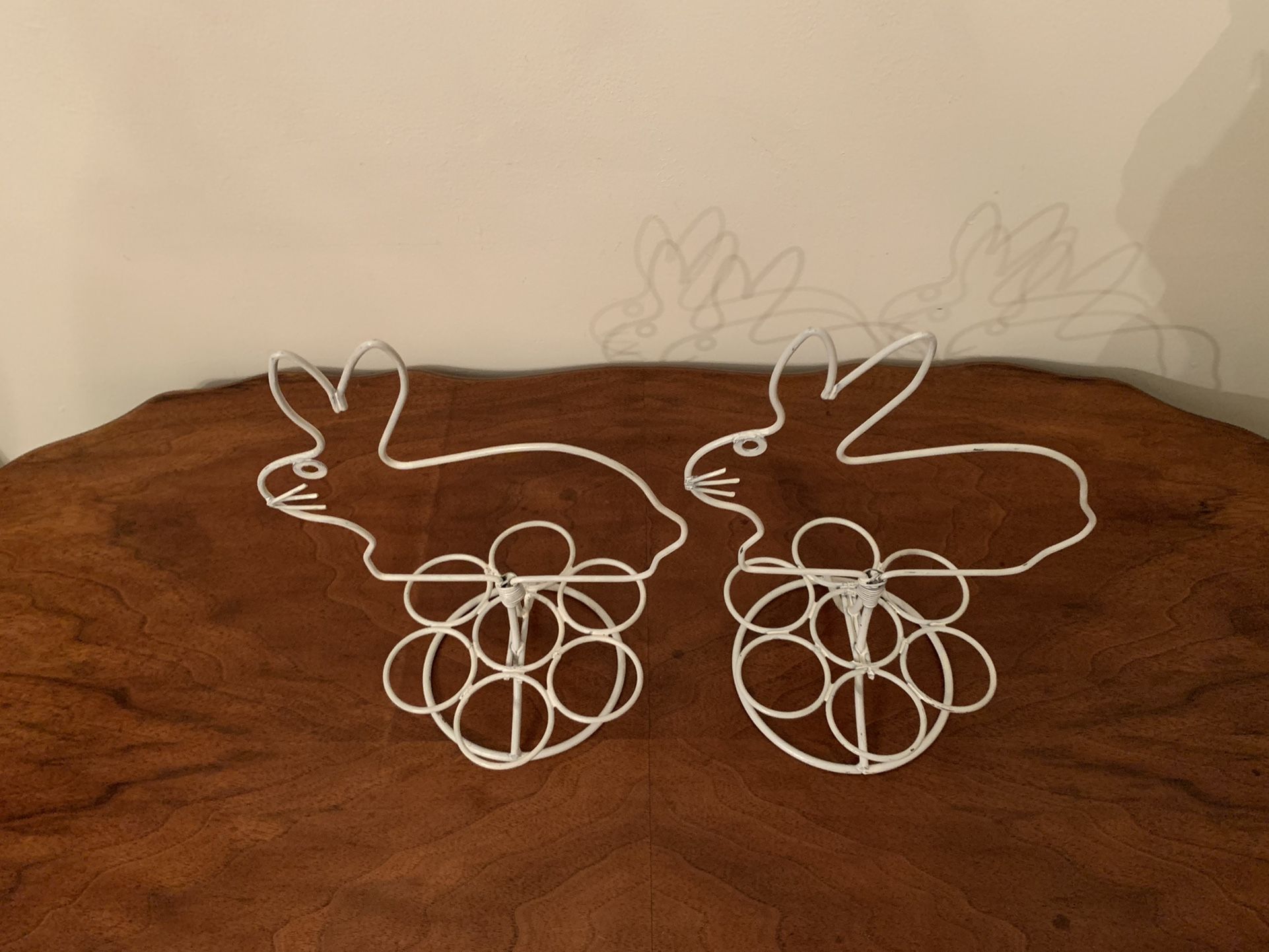 Pair of Metal Easter bunny egg holders - some paint loss 10” tall x 7” long x 5.25” depth