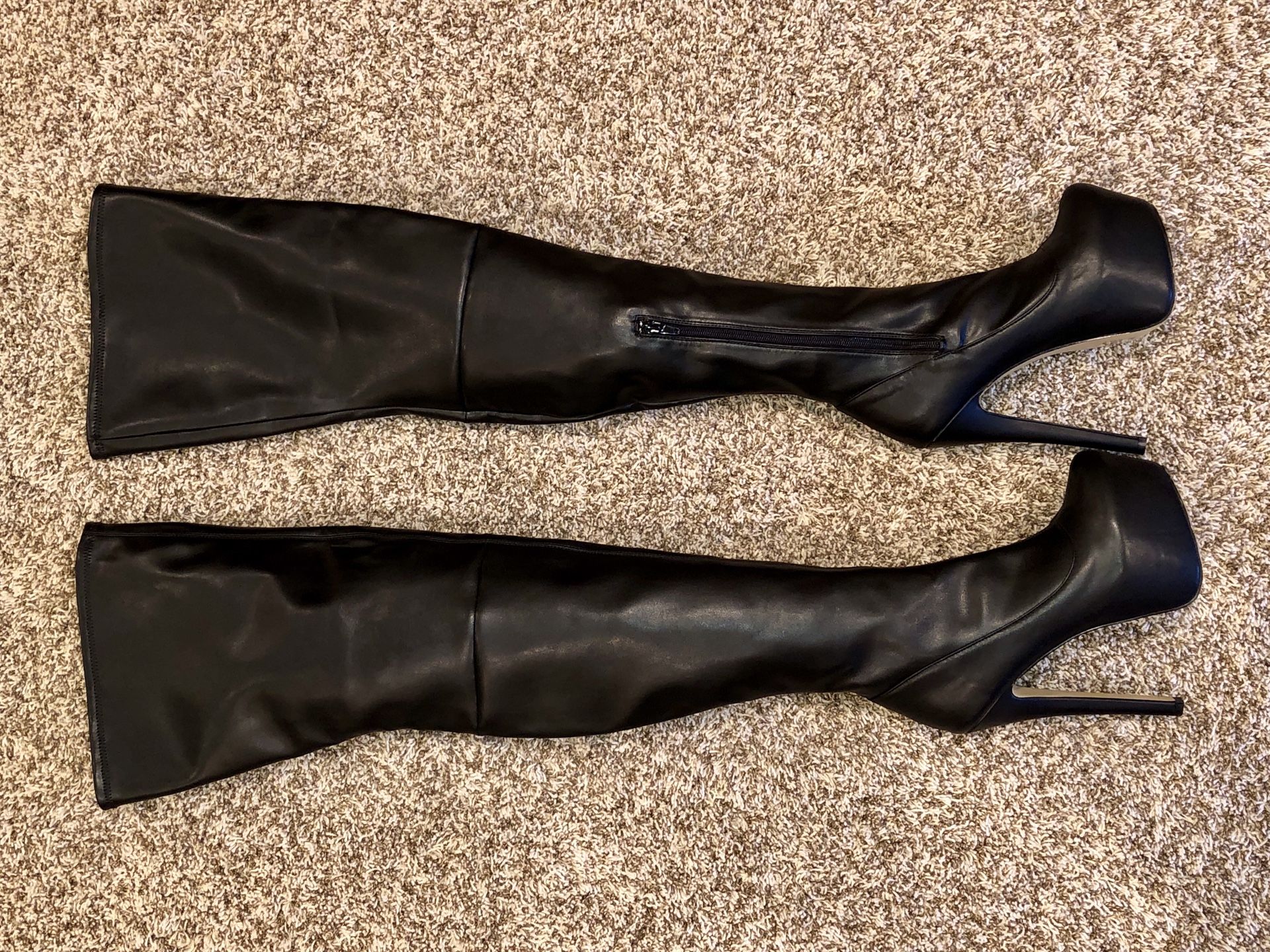 Bebe Tressa Thigh High Leather Platform Boots - black, size 8
