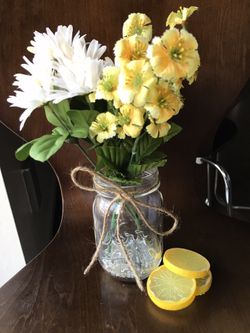 Glass Mason Jar (5in. tall) Filled with Faux Yellow & White Flowers