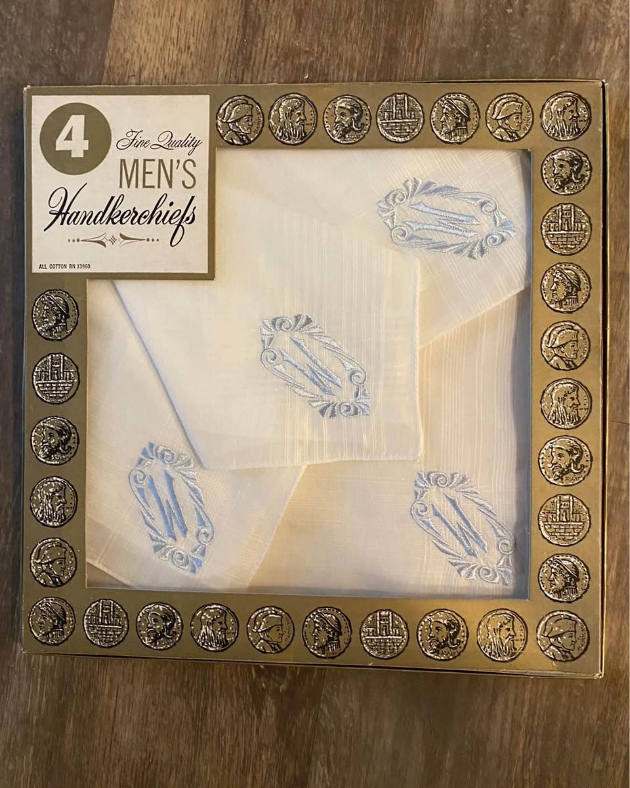 4men’s 16” square white handkerchiefs hankie monogrammed W