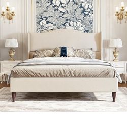 Konprosp Full Size Bed Frame with 51" Tall Headboard, Chenille Upholstered Platform Bed Frames with Classic Curved Wingback & Retro Wood Legs, No Box