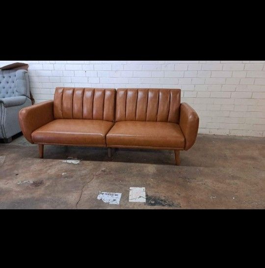 New Modern Futon Sofa Faux Leather Camel See Pictures For Dimensions 