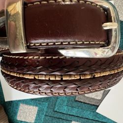 VTG Brighton Onyx Brown Leather Basket Weave Beaded Western Belt Silver tone Buckle Size 40