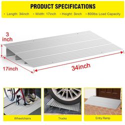 Door Threshold Ramp 3" Rise Door Ramp Aluminum Entry Ramp or Doorways Rated 800 lbs Load Capacity forWheelchair Scooters Power Chairs Walkers Metallic