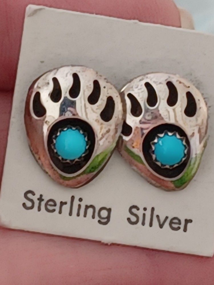 Native Sterling Silver Turquoise Bear Paws Turquoise Earrings