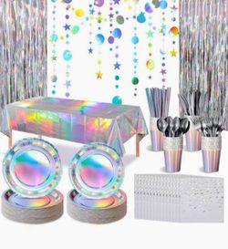 Pornuga • Iridescent Party. NEW Decorations, 202 Pcs Holographic Party Plates and Napkins Set, Disposable Iridescent Paper Plates Cups Foil Fringe Cur