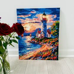 Sunset Lighthouse Painting - Handmade Coastal Wall Art 20 x 16