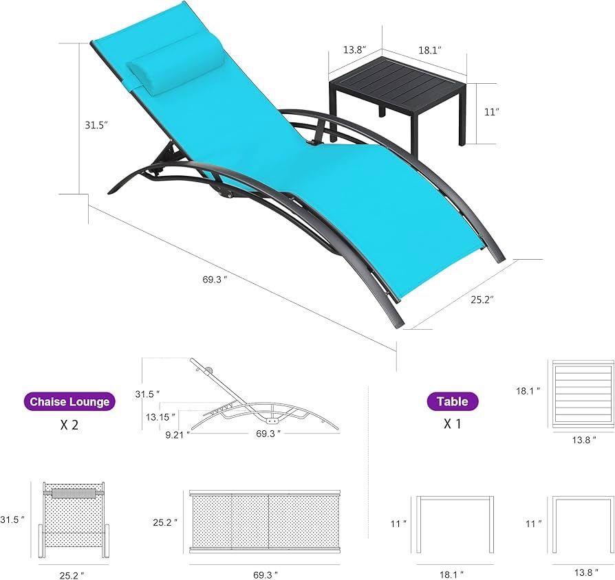 Patio Chaise Lounge Set of 3 Outdoor Lounge Chair Beach Pool Sunbathing Lawn Lounger Recliner Chiar Outside Tanning Chairs with Arm for All Weather, S