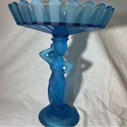 FOSTORIA Vintage Frosted/blue Glass “Rebecca at Well” Ribbon-Edge Centerpiece