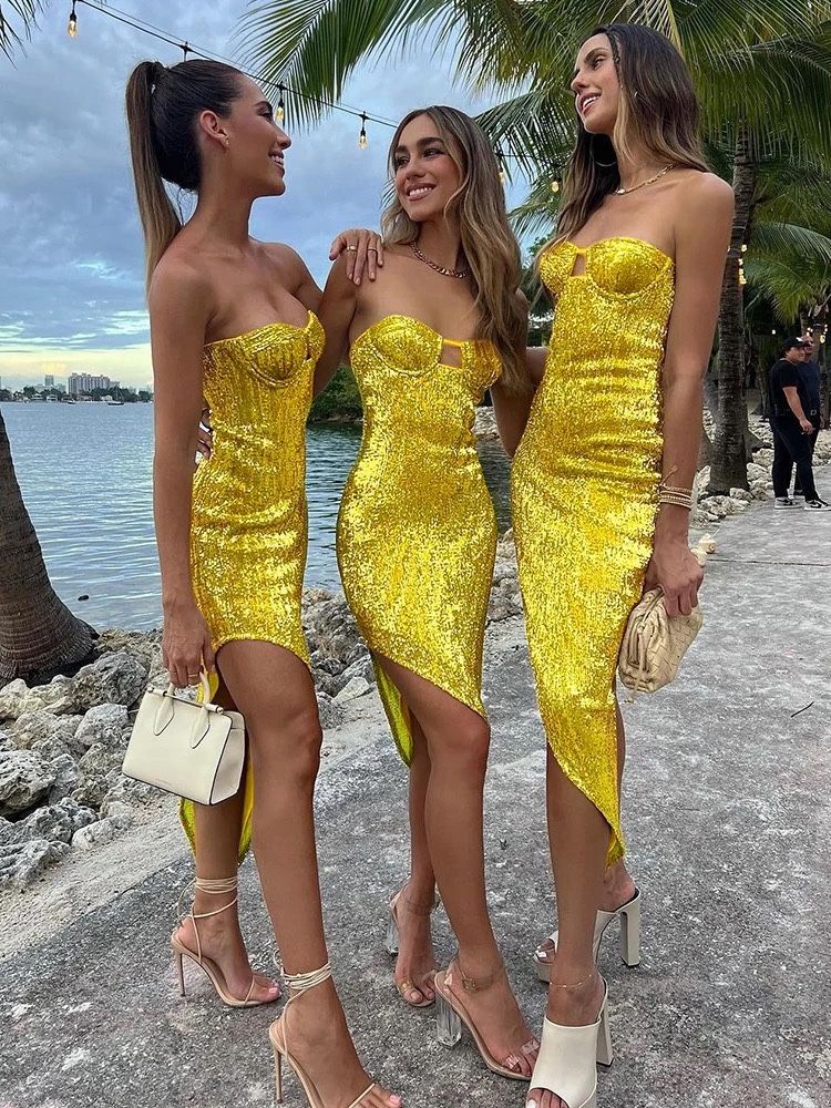 Iamdoyleyboutique New Off Shoulder Sequin Dress Women Sexy Sleeveless Backless Beachwear Bodycon Solid Hollow Out Side Split Dress In M L S Yellow 