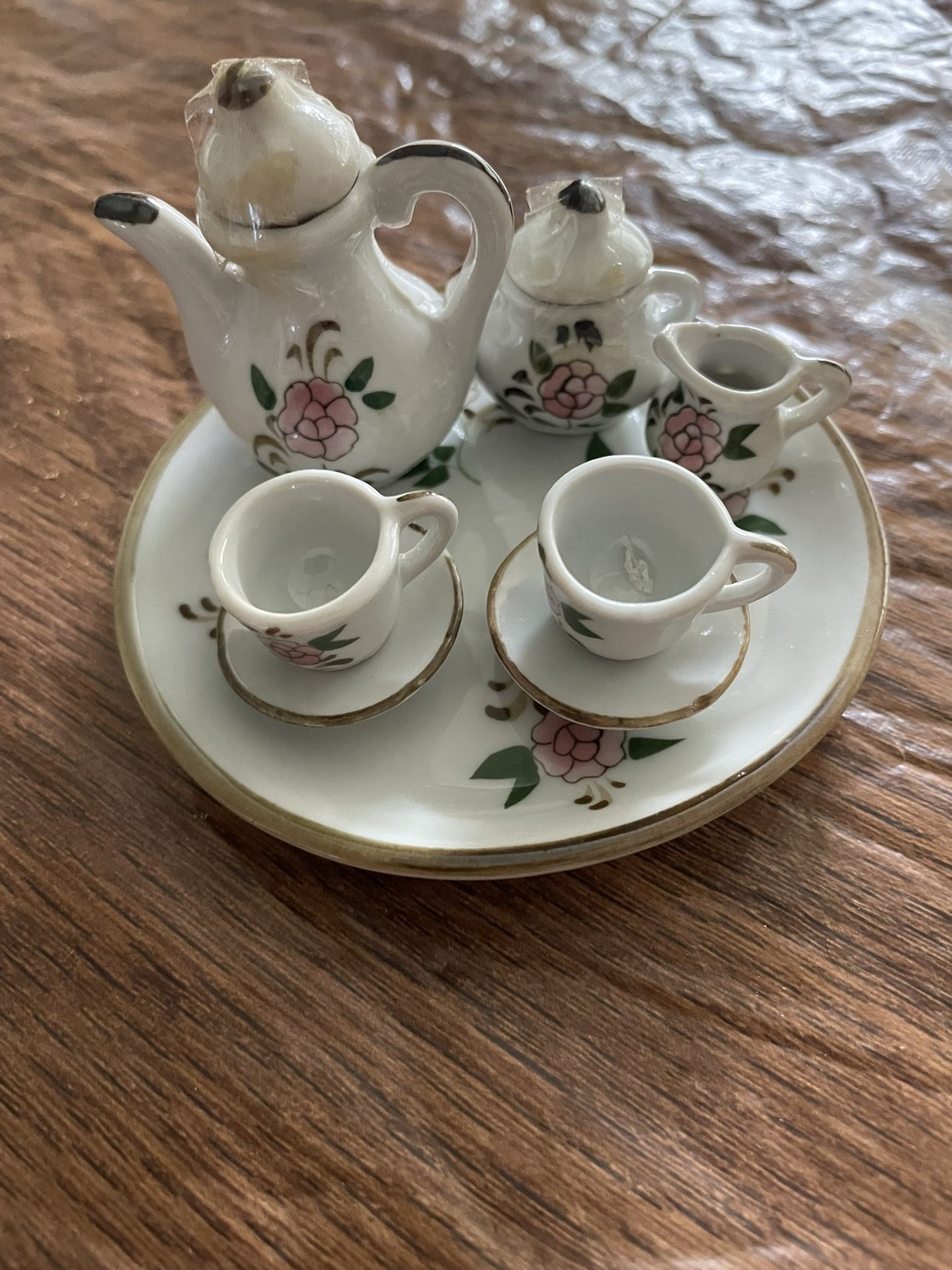 10 Piece - vintage miniature porcelain/ceramic tea set- doll tea set- white with pink flower and gold trim
