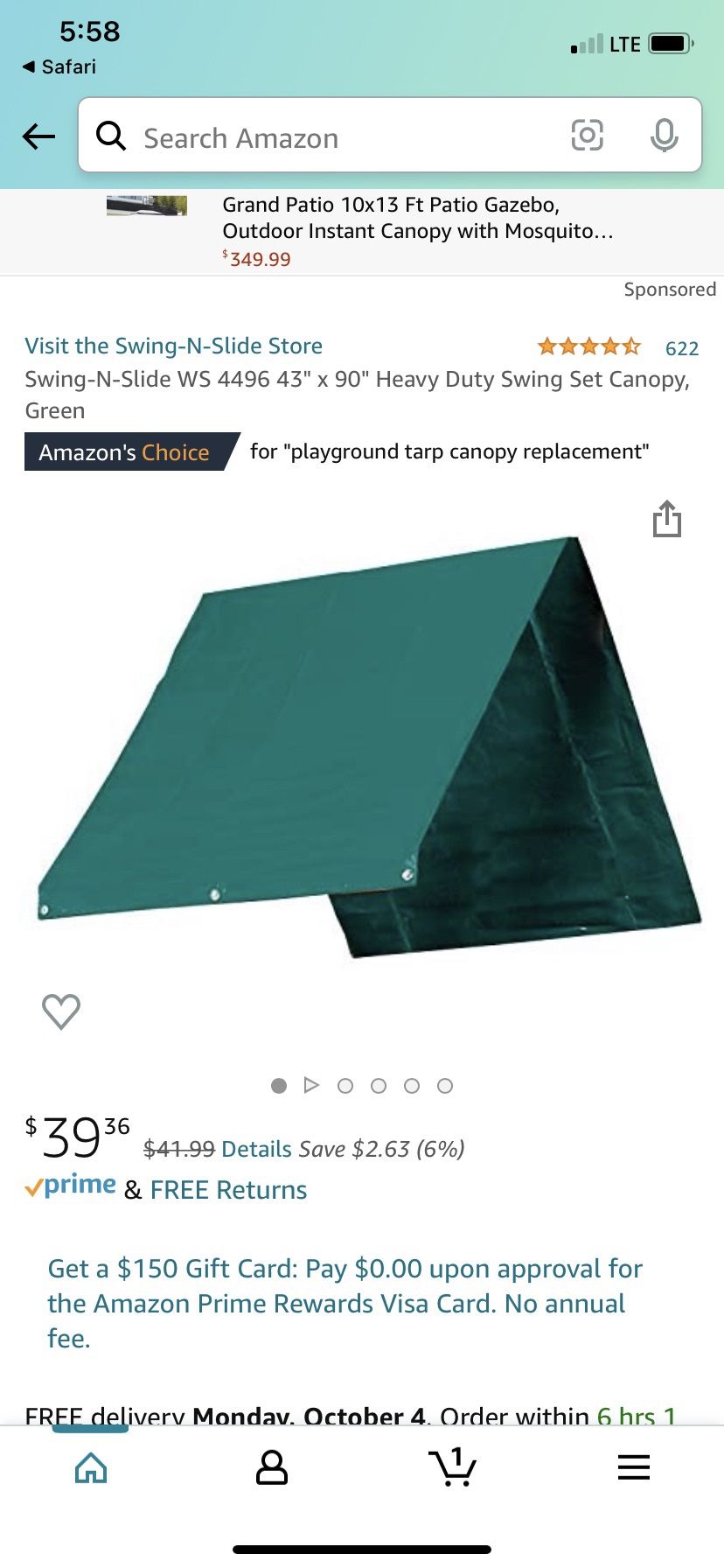 Canopy (only) For Wooden Swing Set