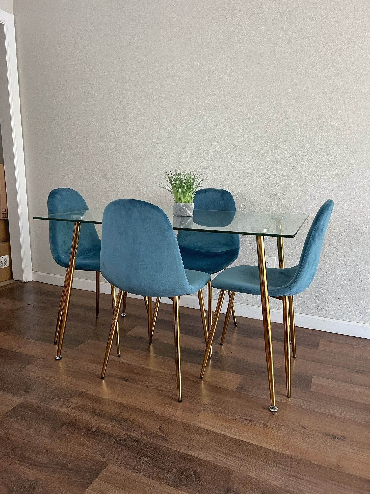 Blue Gold Modern Glass Velvet Dining Set For 4