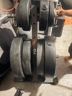 Weights, weight rack and bar