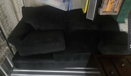 "Furniture Bundle: Black Sofa, Dresser with Mirror, and 5 Throw Pillows.