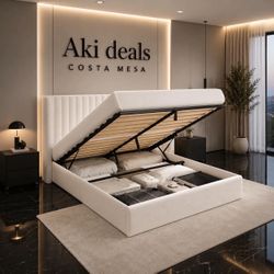 Full Size Lift Up Storage Bed, Upholstered Velvet, Hydraulic System, White J-21