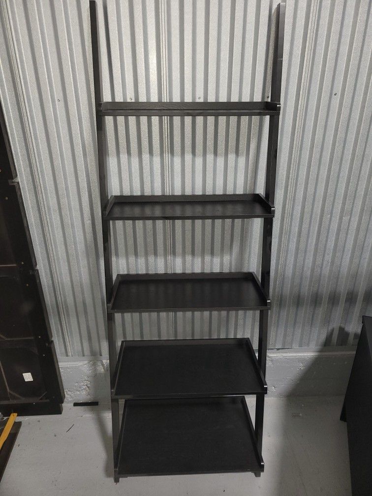 Black Wood 5-shelf Ladder Bookcase with Open Storage

