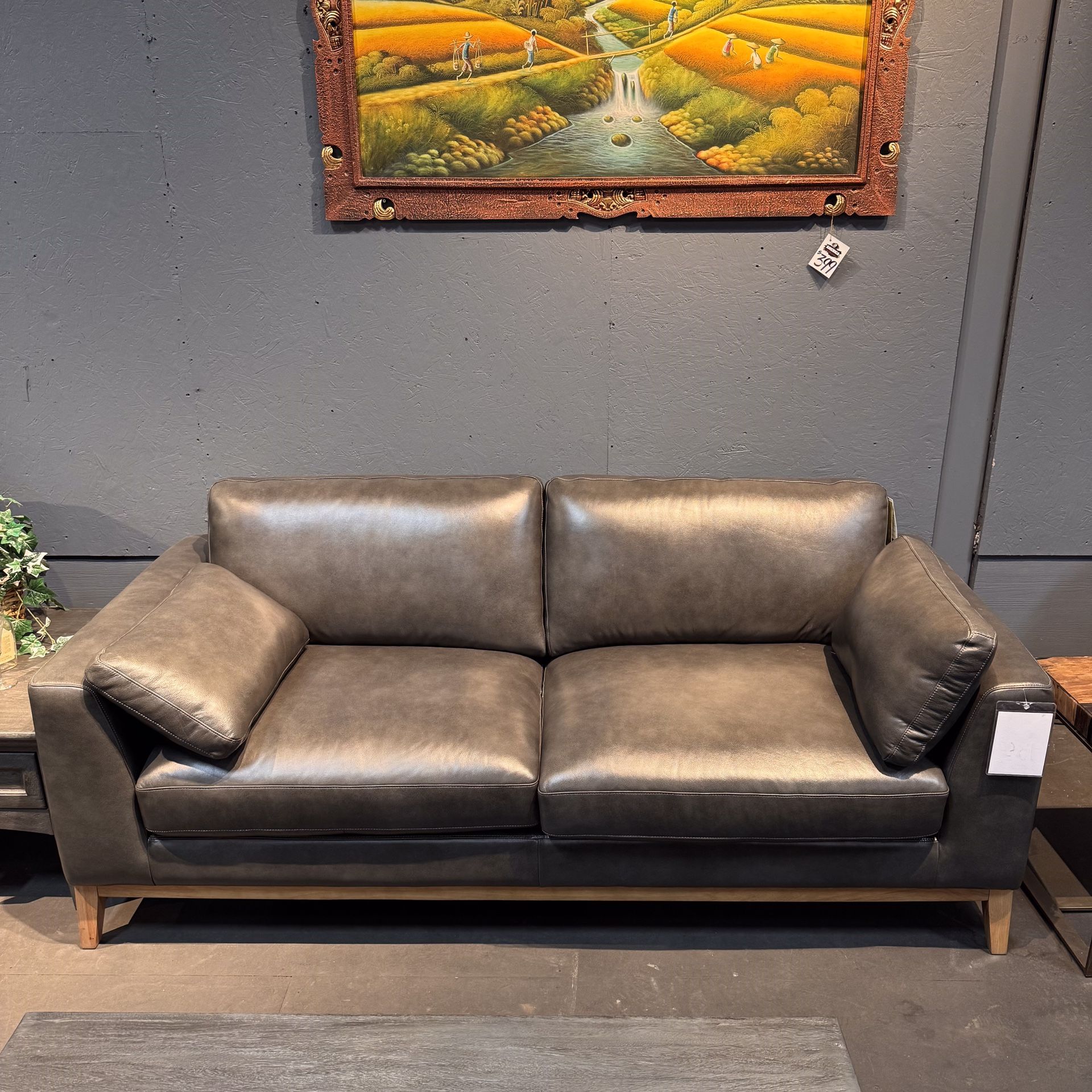 Grey Top Grain Leather Sofa W/ Wood Base - Raleigh