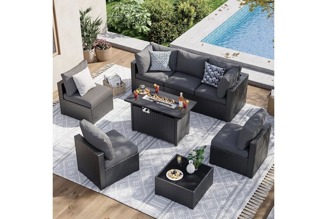 New, 8 Piece Patio Furniture Set with 44” Fire Pit Table
