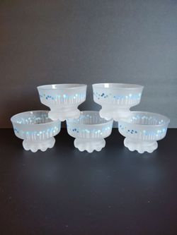 Dessert Bowls Frosted Glass ~ Hand Painted Dotted Design ~ Set of 5
