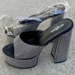 Stephan Paris Rhinestone Platform Mule Heels Black Silver Size 40