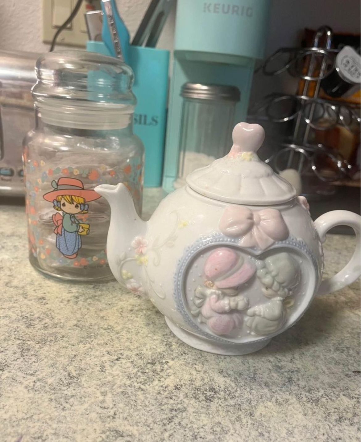 Vintage Set Enesco Precious Moments Collection Teapot  And Candy Container