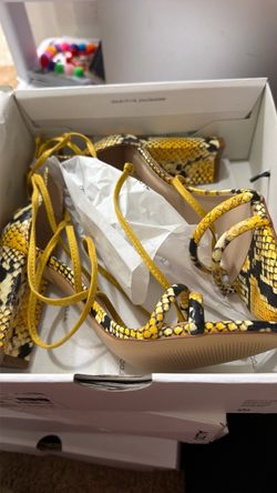 Yellow Snake Print Lace-Up Heeled Sandals
