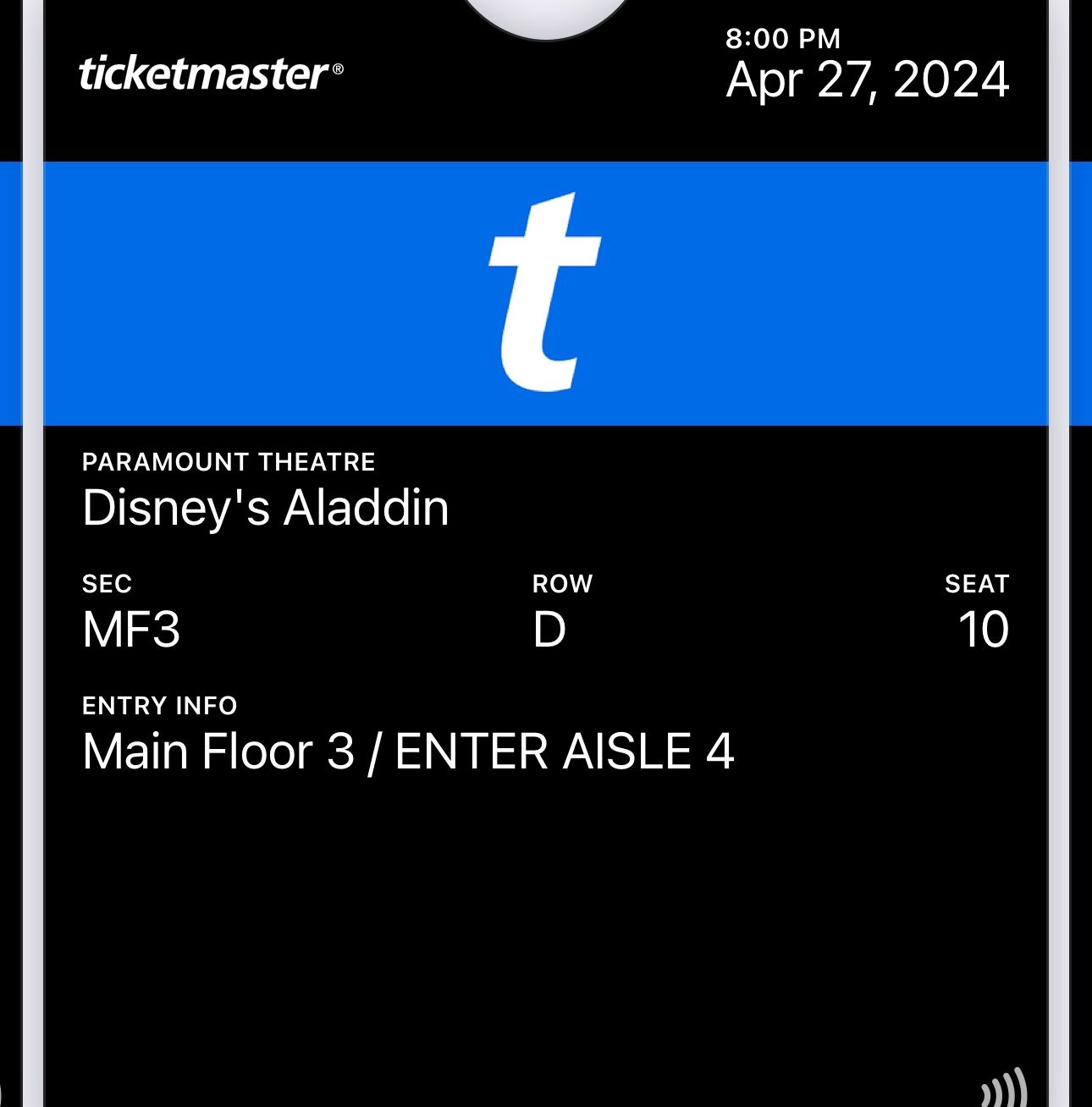 Aladdin Ticket 3 Front Row