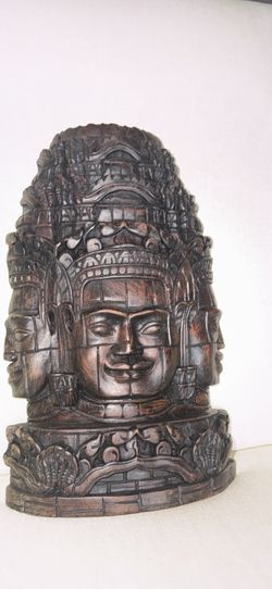 Vintage Hand-Carved Cambodian Bayon "Four Faces" Wood Sculpture Wall Plaque