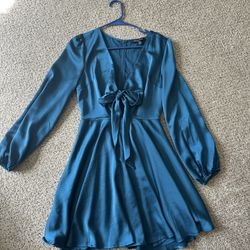 Short Blue Long Sleeve Satin Feel Dress