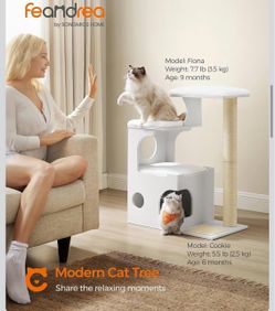 WoodyWonders Cat Tree, 86 cm Modern Cat Tower with Cat Cave, 3 Perches, Scratching Post and Mat, Removable Washable Plush Cushions, Cloud White PCT070