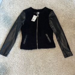 Women's Black dress Jacket with Leather Sleeves Size 2 H&M New