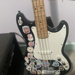 Fender Squire Bronco Bass with amp, case, strap, and cords