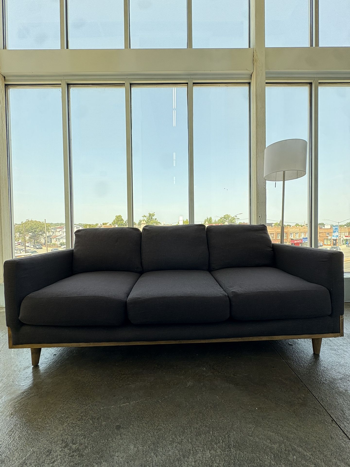 Midcentury Modern Minimalist Black Fabric Sofa Couch 