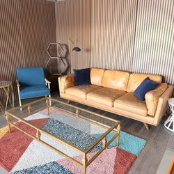 Living Room Set: Leather Article Sofa, Armchair, and Coffee Table