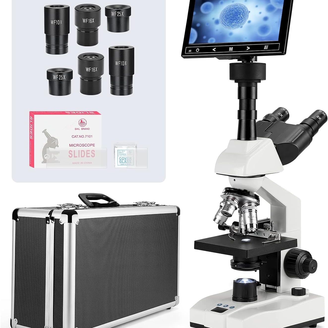 Vabiooth [Constant Temperature] Vabiooth Lab Trinocular Compound Microscope 40X-2500X Magnification with 7"| Monitor 5MP E-Eyepiece, Adjustable Thermo