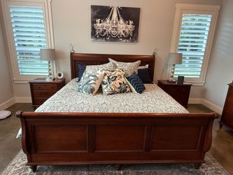 Wooden king bed frame, dressers, nightstands, mirror