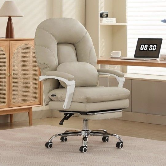 Ergonomic Office Chair with Footrest High Back Leather Executive Office Chair Big and Tall Chair Lumbar Support 135° Reclining Long-Term Sitting Remin