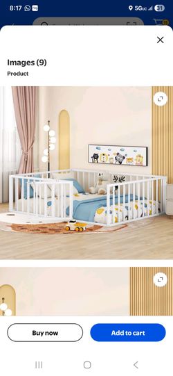 Full Size Metal Floor Bed Frame with Fence and Door, White
