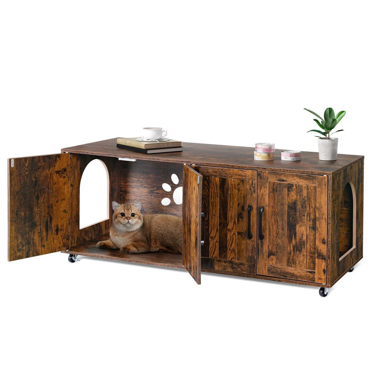 Cat Litter Box Enclosure with Double Rooms β Modern Large Hidden Furniture for Litter & Cat Bed οΌ$80