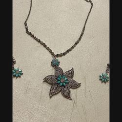 Beautiful Necklace And Earrings ( Silver And Turquoise) 