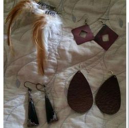 NEW / Vintage women's earrings lot; leather, copper, feather, onyx