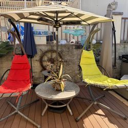 2 Floating Lounge Chairs, Patio Table, Umbrella with Stand,  Collapsible 3-Prong  Space Heater