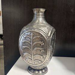 Large Embossed Silver-Tone Metal Vase