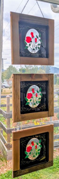 Vintage Reverse-Painted Glass Rose Triptych – Refinished Wood & Gold-Tone Chain