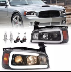 2006/-2010 .Dodge .Charger .Black LED Tube Projector Headlights Headlamps