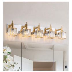 Crystal Bathroom Light Gold Chrome 5-Light Modern Bathroom Vanity Fixtures Over Mirror Square Wall Sconce=Q4-532